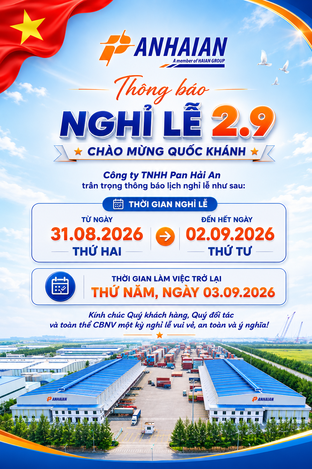 THÔNG BÁO LỊCH NGHỈ LỄ QUỐC KHÁNH 02/09/2026.
